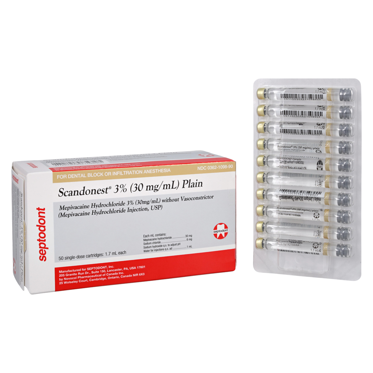 Scandonest Mepivacaine HCl 3% Plain 1.7 mL 50/Bx